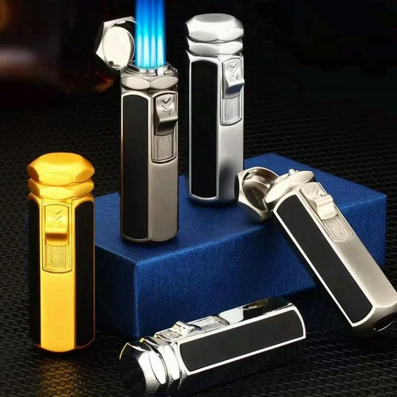 Creative Strong Firepower Butane Gas Lighter Turbo 4 Torch Blue Flame High Pressure Jet Straight Cycle Cigar Lighter Men's Gift