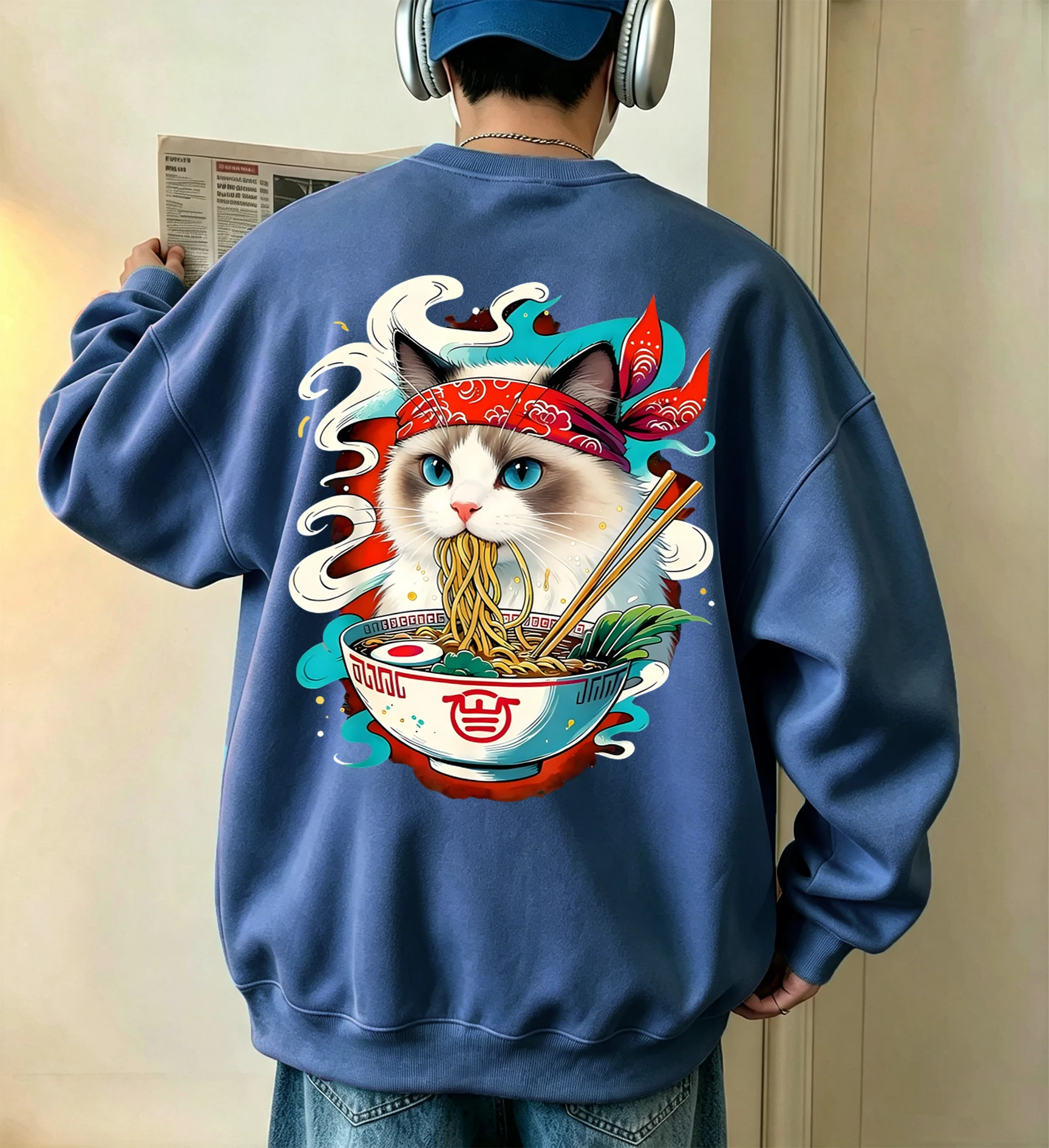 Katze kämpft mit Lamian-Nudeln bedruckter Herren-Fleece-Pullover, Vintage, lässig, langärmelig, Unisex, locker geschnittenes Basic-Sweatshirt – Detail 7