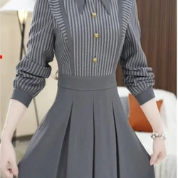 High End Early Autumn New Fashionable Temperament Ladies' Waist Cinching Slimming and Slimming Fake Two-piece Striped Dress