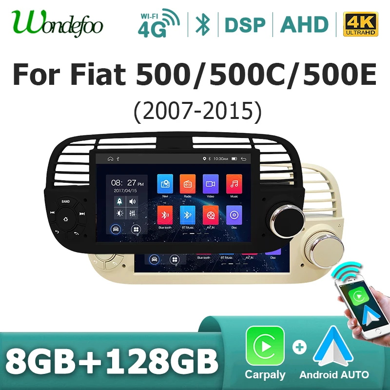 Autoradio con schermo da 7'' per Fiat 500/500C/500E 2007-2015, Android 15, CarPlay wireless, Bluetooth, 2 DIN, stereo, lettore multimediale, navigazione GPS, Bluetooth, WIFI, 4G LTE