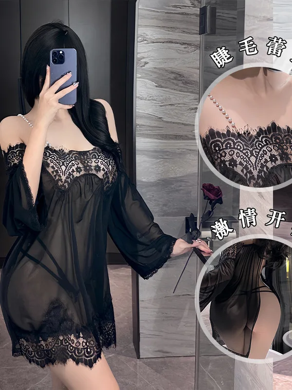 Sexy High Grade Lace Thin Style Perspective Women's Chest Wrapping Embroidery Perspective Long Sleeved Dresses Comfort New 887L