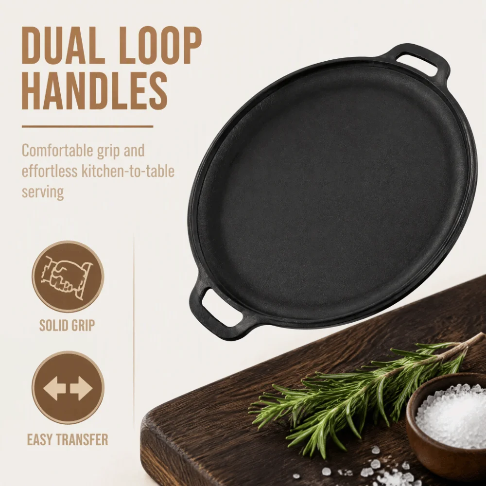 Durable Cast Iron Cast Iron Skillet Round Shape Black Pizza Pan Double Loop Handles Even Heating Frying Pan Kitchen Cookware