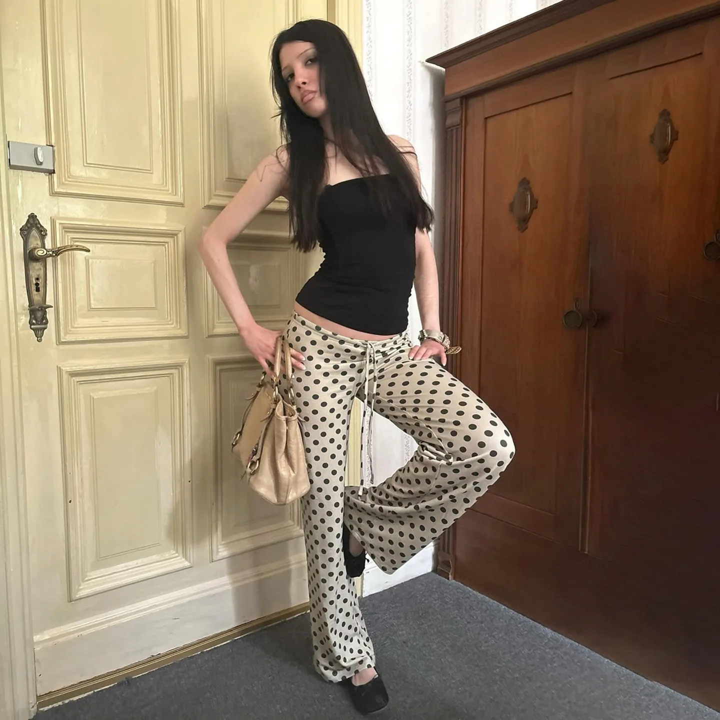 

2026 Spring Autumn Retro Polka Dot Flared Pants Women Elastic Waist Lace Slim Low Waist Casual Comfortable Daily Long Trousers
