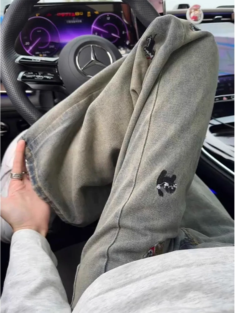 

Retro Blue Dog Embroidery Jeans Men's Slim Fit Knife American High Street Vibe Flared Pants Straight Tube Jeans