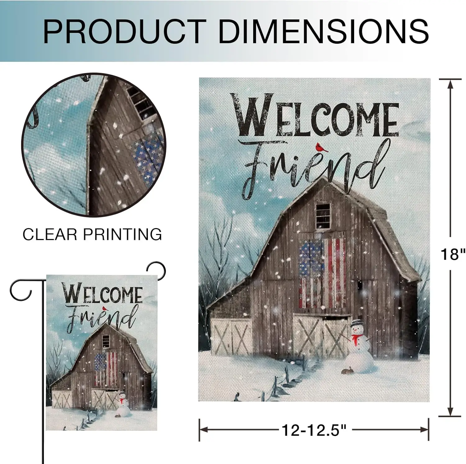 Hzppyz Welcome Friend Winter USA Country Barn Farm Garden Flag Double Sided, Snowman Cardinal Decorative House Yard Outdoor Smal