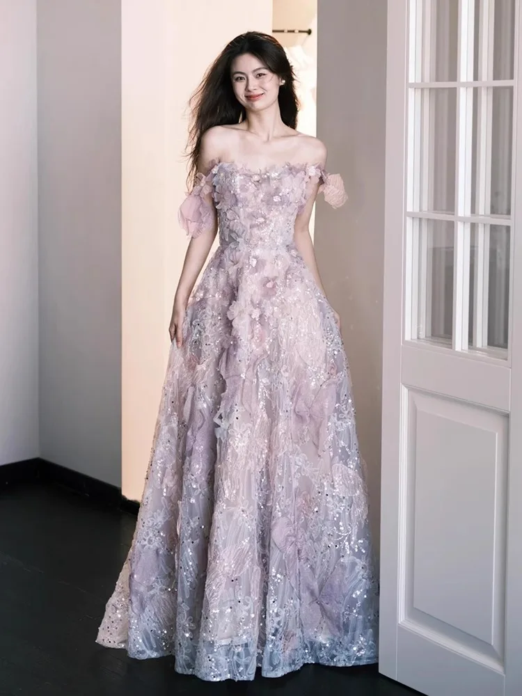 

Purple Evening Gown Wedding Dr Princ Sle mid Waist Belt Long Skirt No Sve Birthday Adult Ceremony Fairy Aosphere