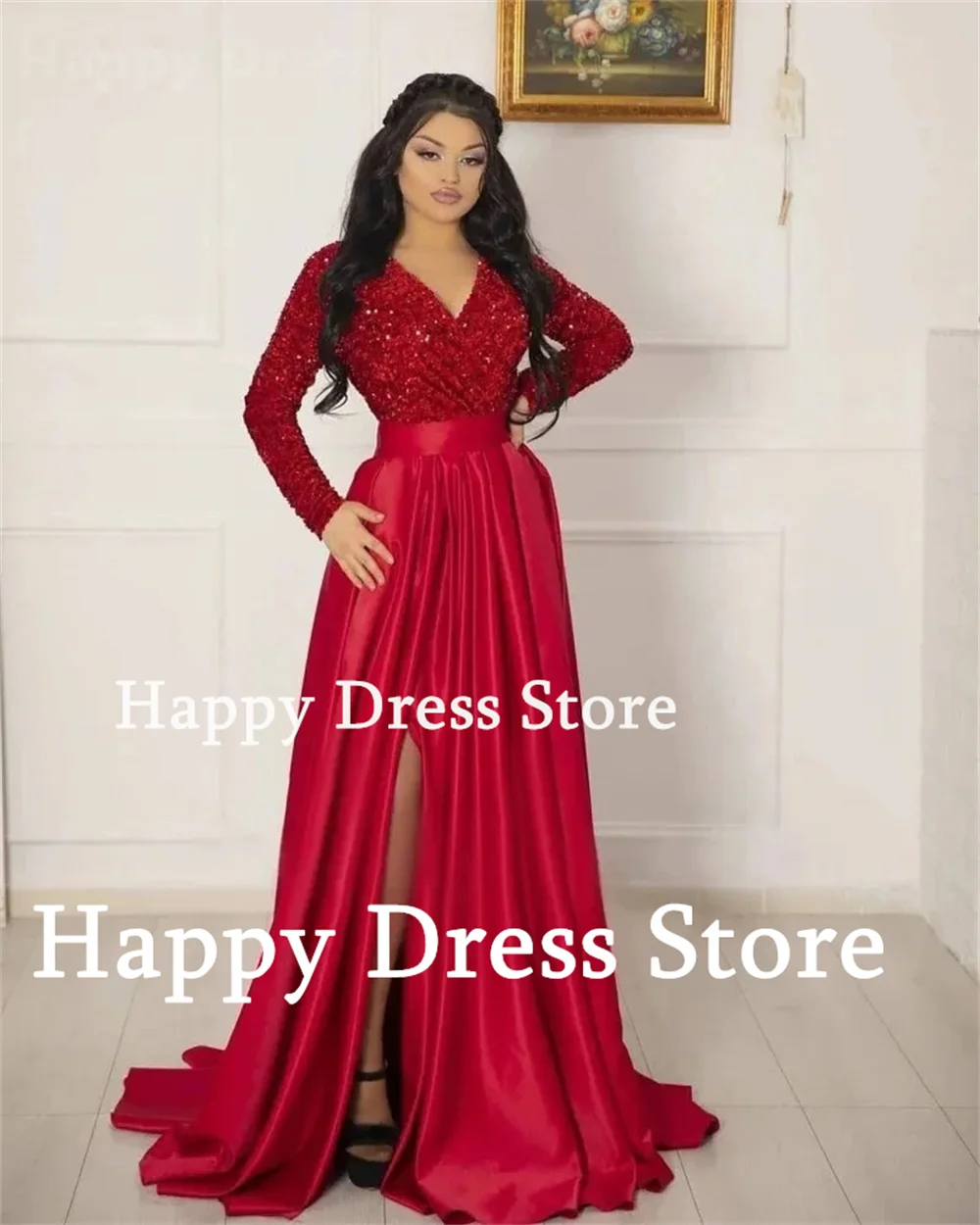 Happy Dress Red Women Formal Evening Dress V-Neck Long Sleeves Shiny Sequin Sexy Side Split A-Line Satin Prom dress Party Dress