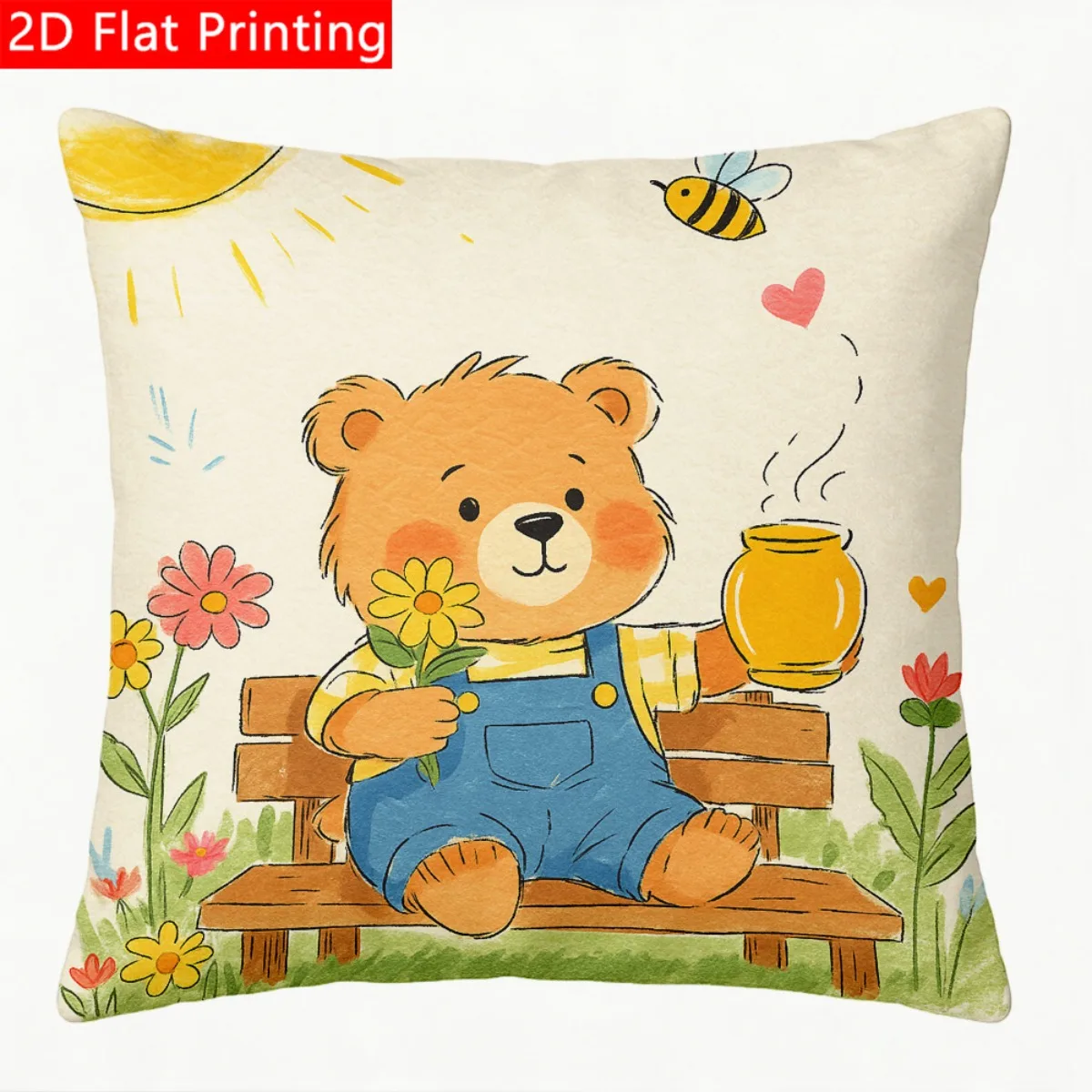 2D Flat - 1pc 2D Flat Throw Pillow Cover with Sweet Bear, Honey Pot, Flowers, Sunny Day Print Polyester Soft And Skin-Friendly Cushion Cover Without Pillow Core Perfect for Bedroom, Sofa, And Home Decor A Perfect Gift Choice