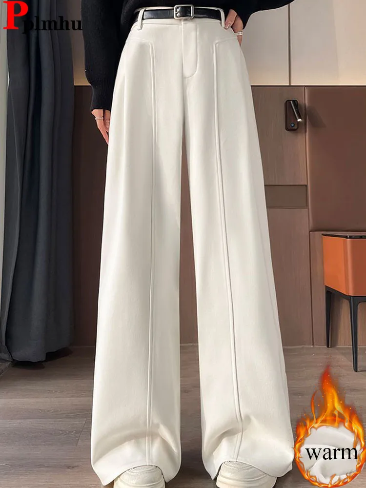 سراويل مستقيمة فضفاضة على الموضة الكورية للسيدات غير رسمية عالية الخصر مخملية مبطنة بأرجل واسعة سراويل شتوية دافئة متينة وسميكة Spodnie #1