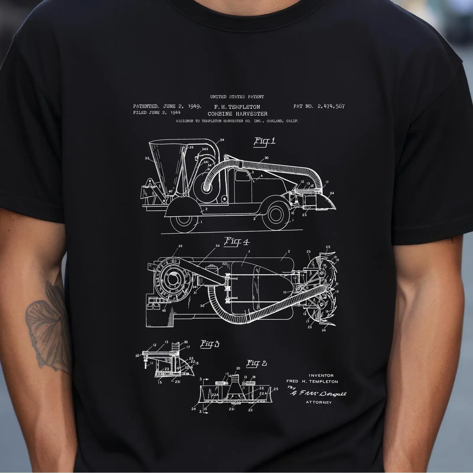 Camiseta con diseño de cosechadora de Templeton del Oficio de Patentes de EE. UU., regalo para agricultores, agricultura, maquinaria agrícola, vintage, lavada