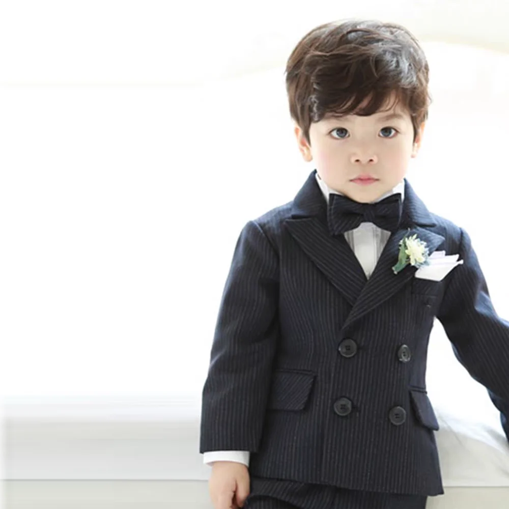 Baby 9 Month -7 Year Formal Stripe Suit Set Boys Wedding Party Host Photography Costume Kids Blazer Vest Pants Bow tie Clothes