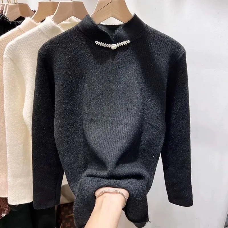 

Chinese Style Bottoming Shirt Stand Collar Disc Buckle Beaded and Velvet Bottoming Shirt Women's Sweater Solid Pullover Top