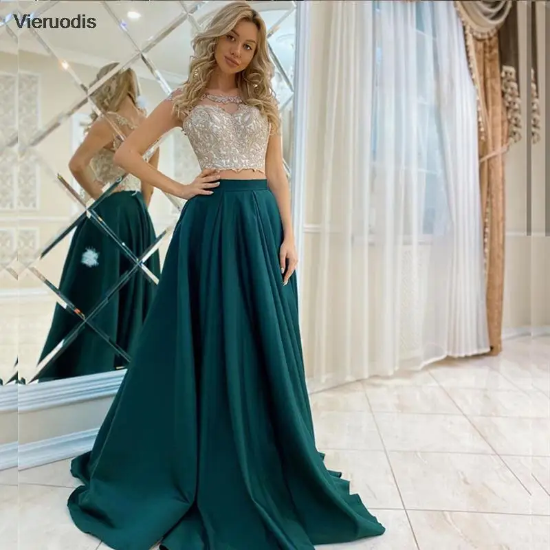 

Contrast Color Evening Dress A-Line O-Neck Cap Sleeve Lace-Up Appliques Satin Floor Length Court Train Party Prom Gown 2022