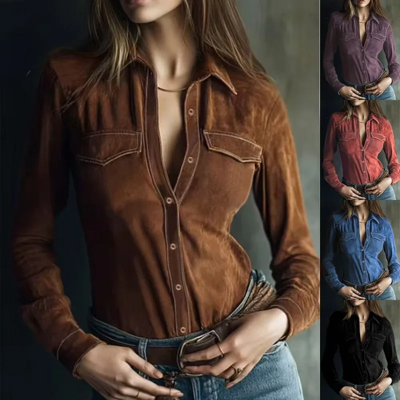 

Retro Suede Long-sleeved Shirt Western Cowboy Solid Color Shirt Slim-fit Single-breasted Turn-down Collar Casual Shirt for Women