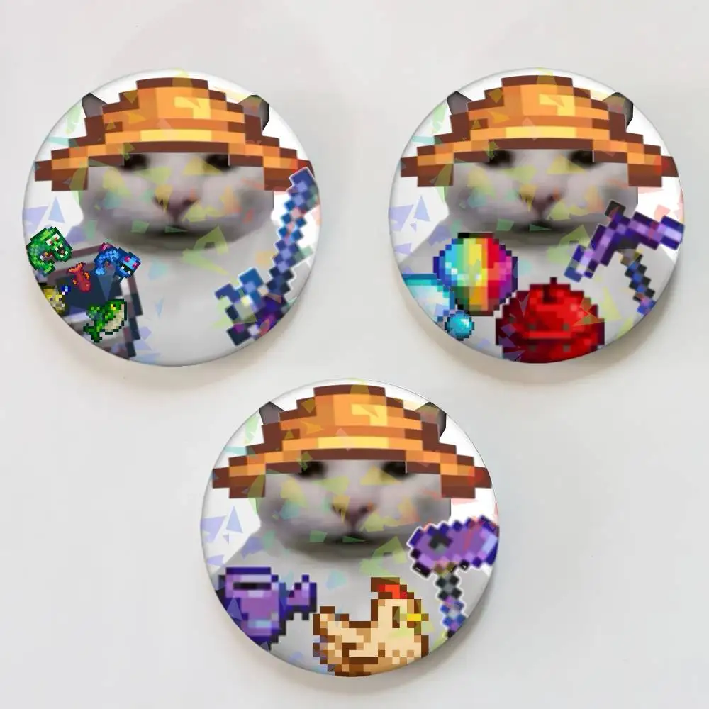 Funny Game Stardew Valley Cat Meme Round Badge Lapel Pins for Backpacks Briefcase Laser Brooch Clothes Gifts