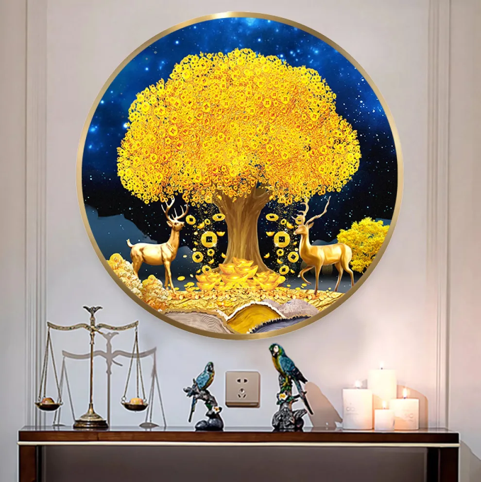 DIY full Diamond Embroidery,Round Diamond Circular Gold Wealth Tree Elk Living room decoration rhinestone beads Diamond painting