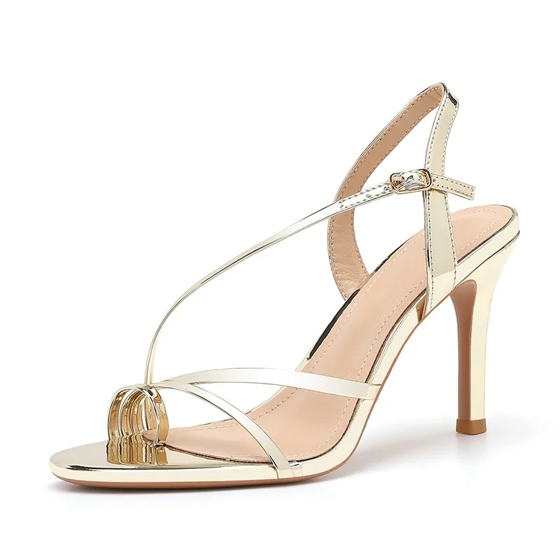 New Summer Women's High Heel Sandals Sexy Gold High Heels One-word Strap Stiletto Round Toe Thong Sandals for Women