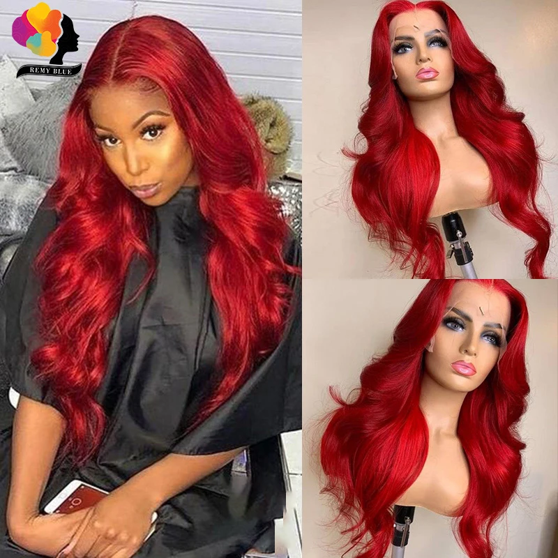 

Red Lace Front Human Hair Wig for Black Women Brazilian Body Wave Human Hair Wigs 99J Burgundy Transparent 13*4 Lace Front Wig