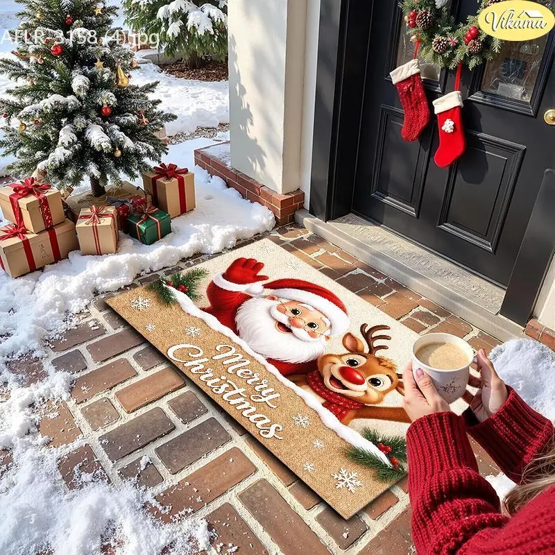 VIKAMA HO HO HO Knit Christmas Tree Entryway Rug Non Slip Low Profile Mats for Outside Front Door Xmas Holiday Decor Soft