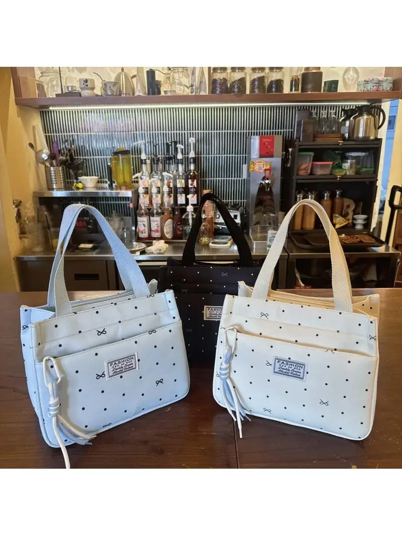 Large Capacity Portable Polka Dot  Knot Handbag for Office Lunch Bag Outing Bag Mommy Convenient Carryall Bag