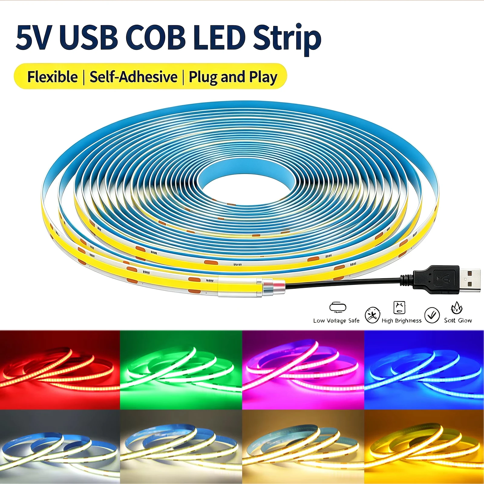 5V USB COB LED Strip Warm White Red Green Blue Yellow Pink Ice Blue 320LEDs/m Flexible Adhesive Tape for TV Backlight Room Decor