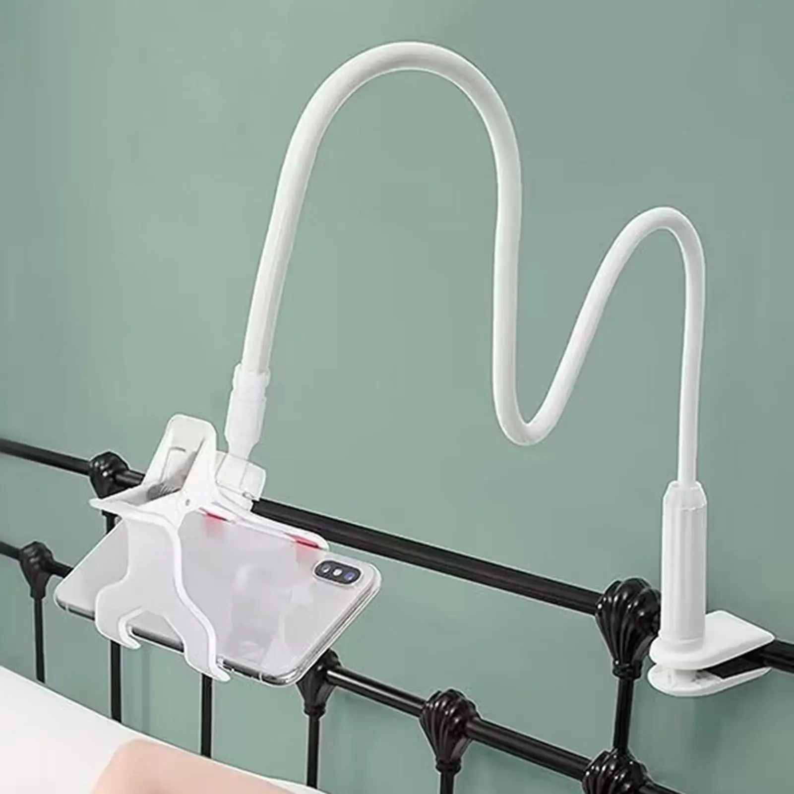 

Black Color Gooseneck Phone Holder For Bed Flexible Gooseneck Long Arm Stand Overhead Cell Phone Clamp Mount