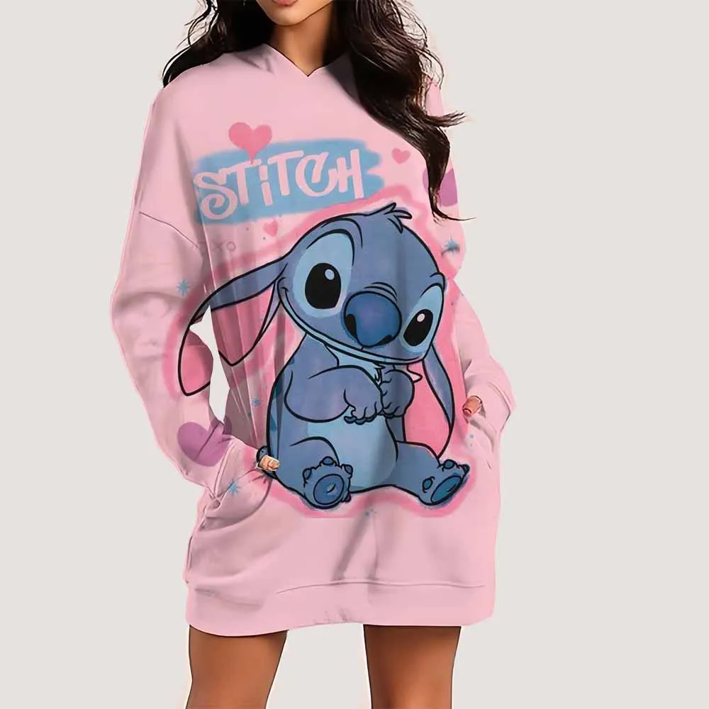 

Disney Stitch print Womens Dress Fashion Print Long Sleeve Hooded Sports Skirt Hot Sales Casual Knee-Length Dress S-3XL ﻿