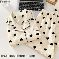 Women's Love Print Pure Cotton Pajamas Set Summer Short Sleeve Top and Long Pants Sleepwear 3PCS for Women Home Casual Pajamas