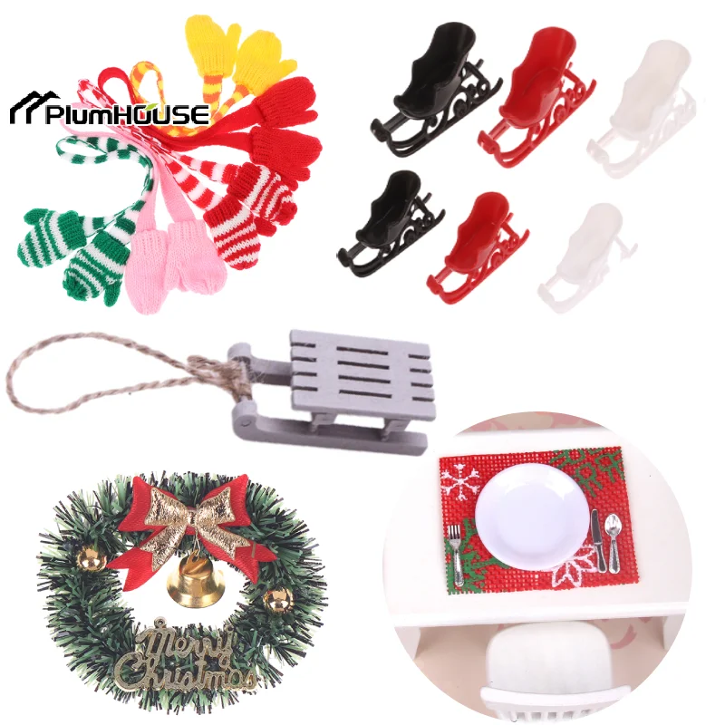 

Dollhouse Placemat Tableware Set Miniature Sleigh Garland Christmas Decoration Dolls House Accessories Kid Play Pretend Toys