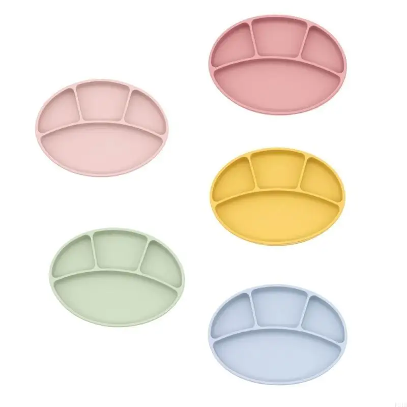 Baby Suction Cup Bowl Divided Dinner Plate Infants Learning Feeding Dish Non-toxic Silicone Solid Color Bowl for P31B