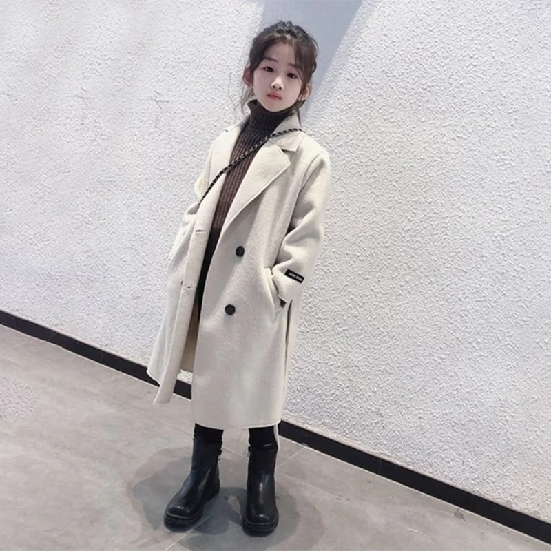 Girls Woolen Coats Autumn Winter Thick Warm Trench Jackets 4-12 Years Kids Clothes Fashion Turndown Collar Parka Outerwear