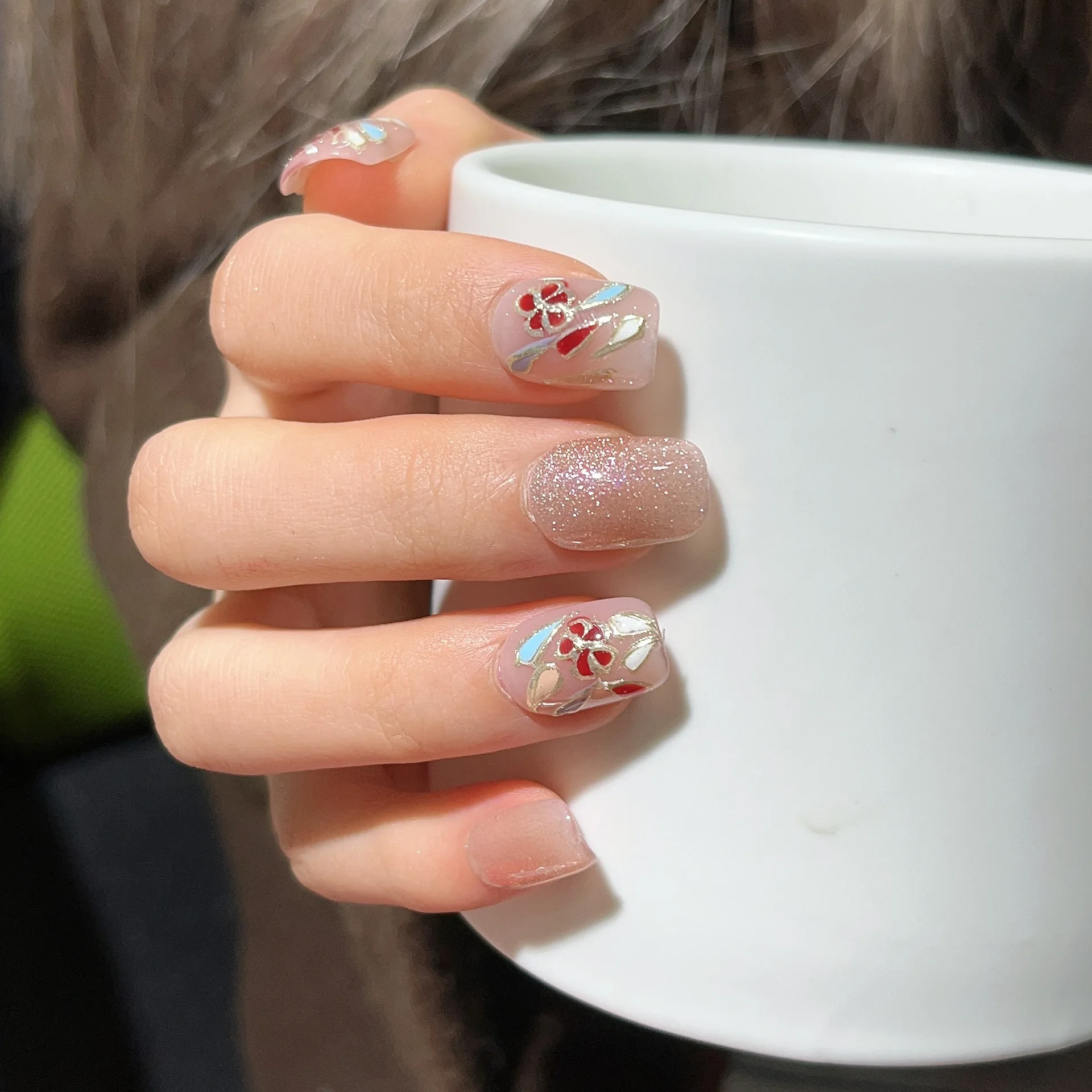 

10pcs Hand-Painted Cloisonné Enamel Handmade Press on Nails Cat's Eye Fake Nail for Women&Girl Detachable Wearable False Nail