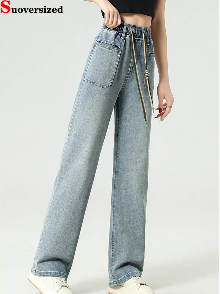 

Джинсы с высокой талией и завязками, эластичные прямые мешковатые модные джинсовые брюки, винтажные женские повседневные прямые широкие брюки Vaqueros