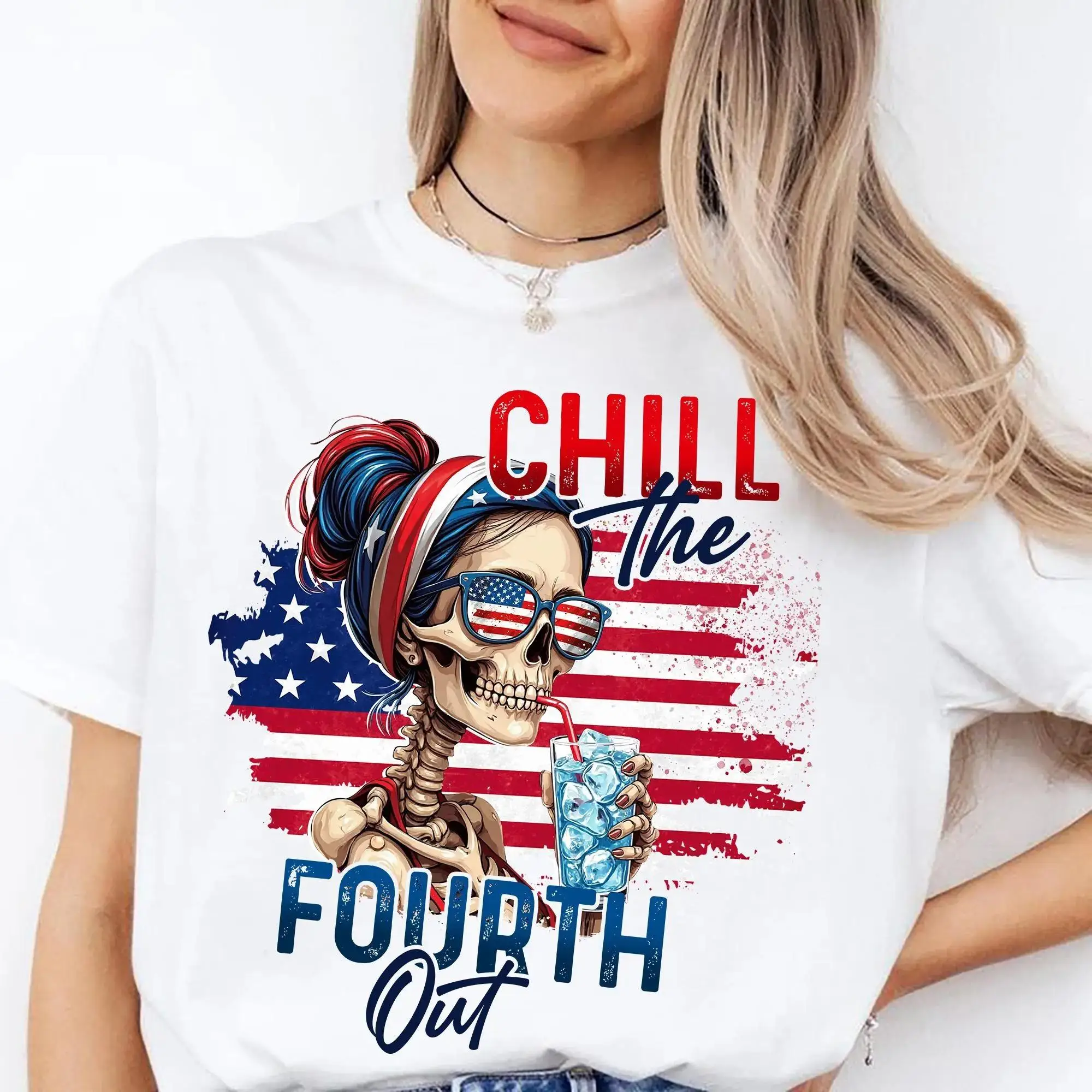 

Funny Patriotic Skull T-shirt American Flag Chill The Fourth Out Graphic Tee Women's Loose Fit Summer Streetwear
