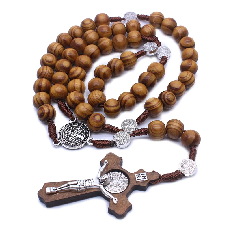 Fashion Handmade Round Bead Catholic Rosary Cross Religious Wood Beads Men Necklace Charm Gift