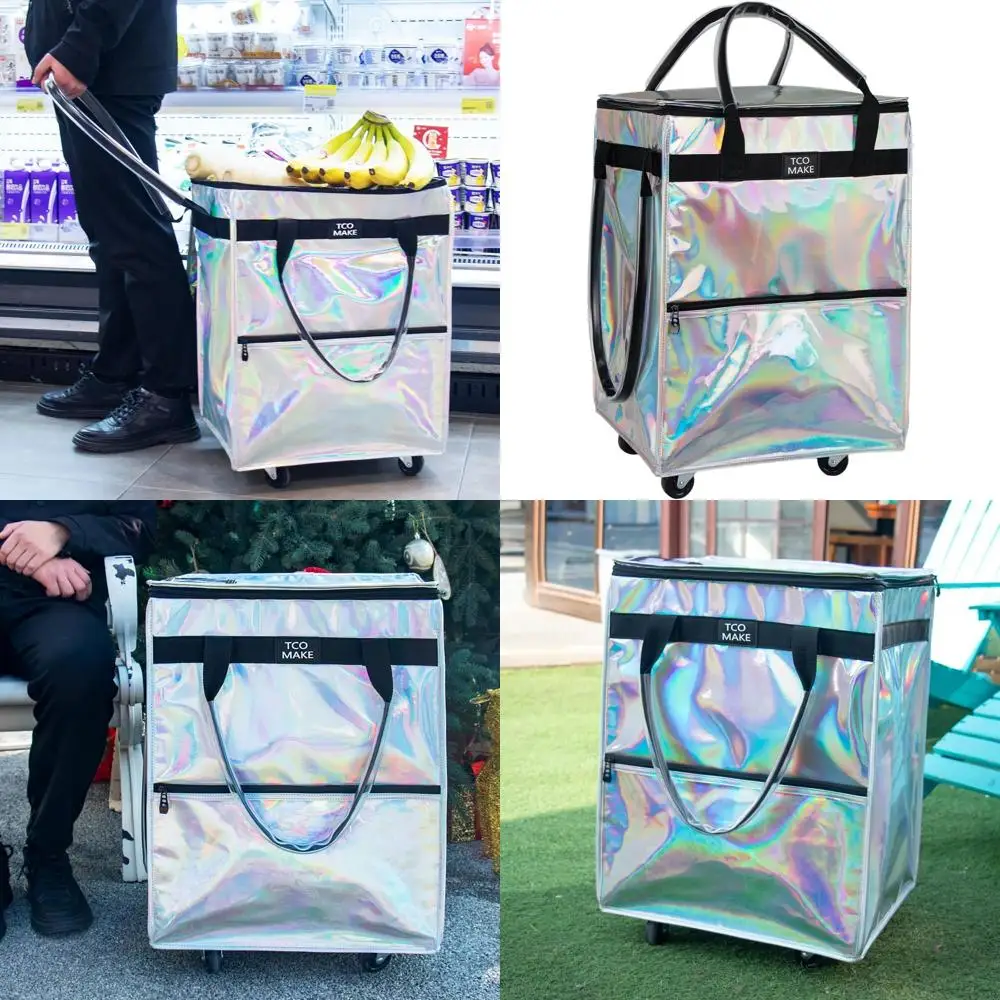 

Rolling Grocery Tote with Wheels and Handle, Holds 46 LBS, 3 Pockets, Zippered, Medium, White