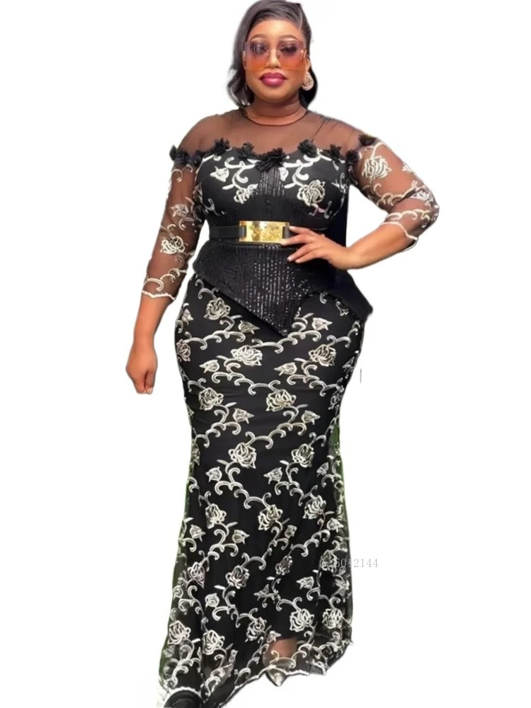 

Длинные платья больших размеров в африканском стиле для женщин, новинка 2023 года, роскошный халат с вышивкой и пайетками, элегантное мусульманское свадебное вечернее платье