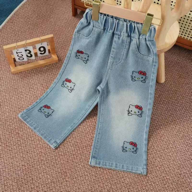 

Kawaii Hello Kitty Sanrio Autumn Cute Cartoon Children Jeans Student Comfortable Warm Pants Baggy Straight Pants Gift for Kids