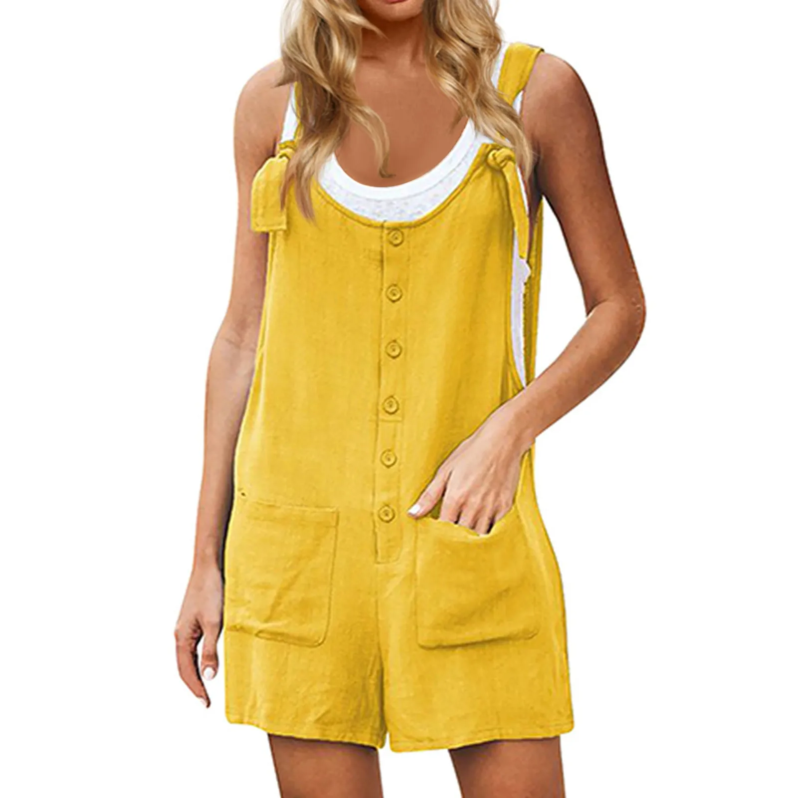 Women's Casual Summer Short Rompers Overalls 2024 Loose Sleeveless Tie Knot Strap Solid Color Jumpsuits With Pockets