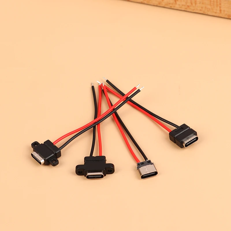 2 Stuks Type C 2 Pins Waterdichte Vrouwelijke Usb C Socket Poort Met Schroefgat Snelladen Interface Usb Connector Met Kabel