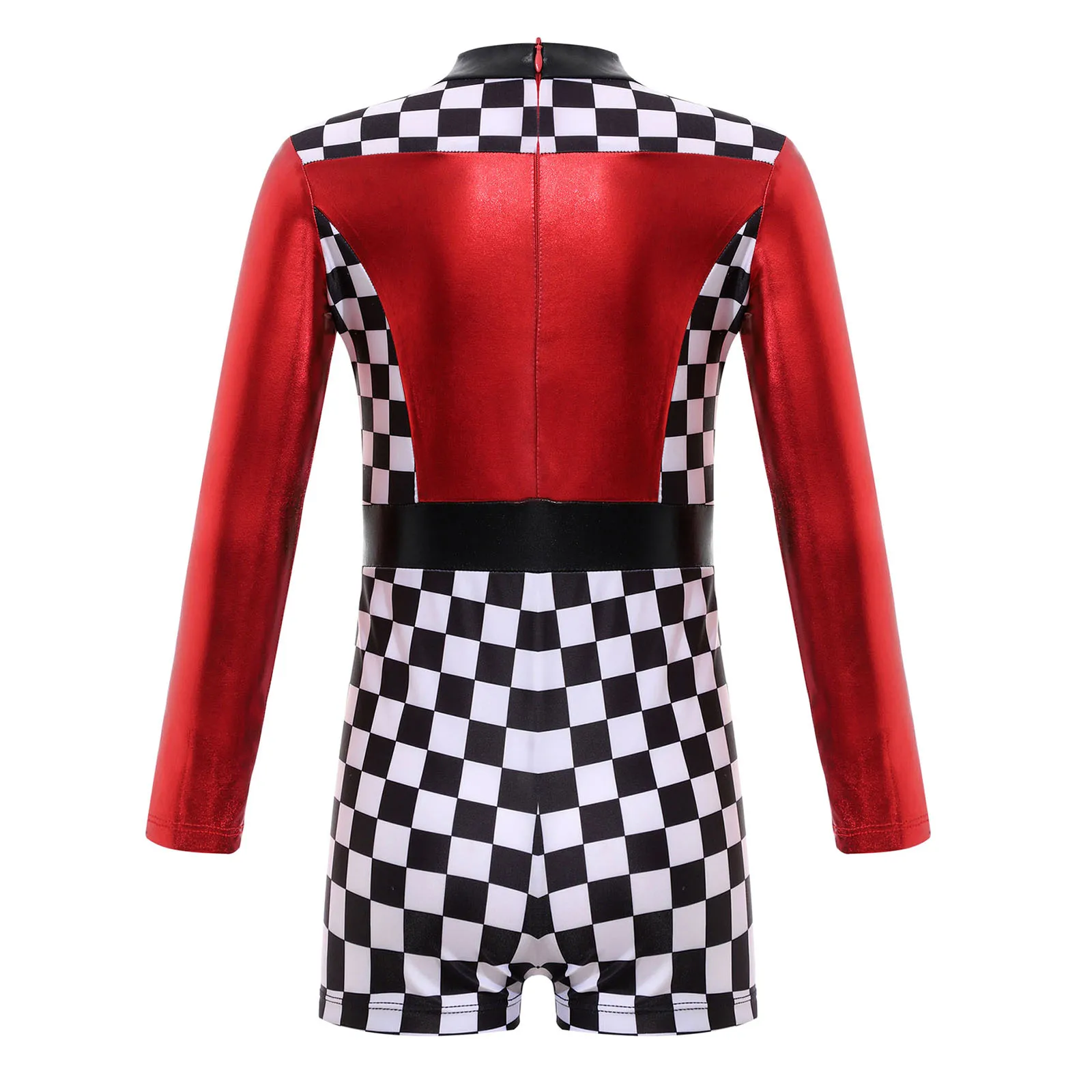 Kids Girls Race Car Driver Costume Long Sleeve Checkerboard Jumpsuit Leotard for Racer Halloween Party Role Play Fancy Dress Up