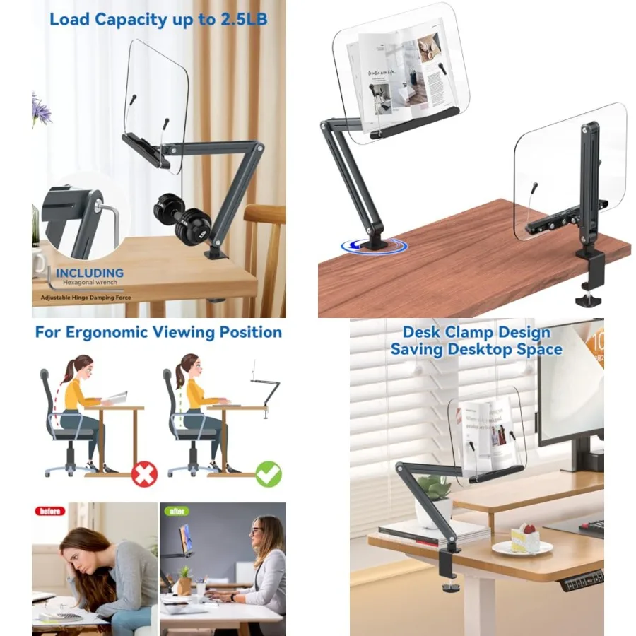 

Desk Clamp Acrylic Book Stand for Reading, Ergonomic Design Adjustable Height up to 20 inches with Rotating Bases Cookbook Stan