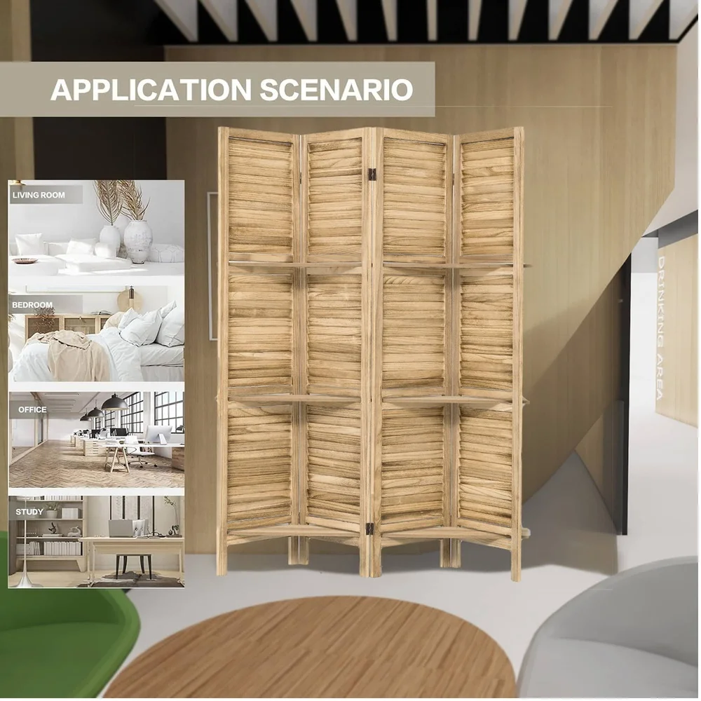 4 Panel Freestanding Wood Room Divider with Multi Layer Display Shelves Durable Natural Wood Indoor Partition Organizer