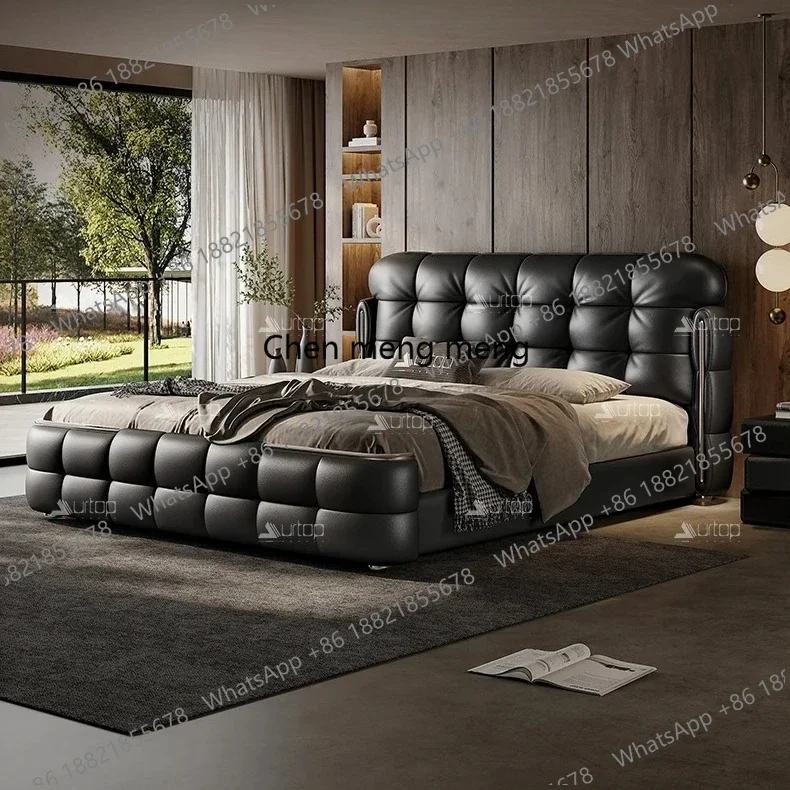 

Горячая распродажа: Итальянская минималистичная двуспальная кровать с черной кожаной обивкой, современная роскошная кровать с деревянным изголовьем, размер Queen, для спальни.
