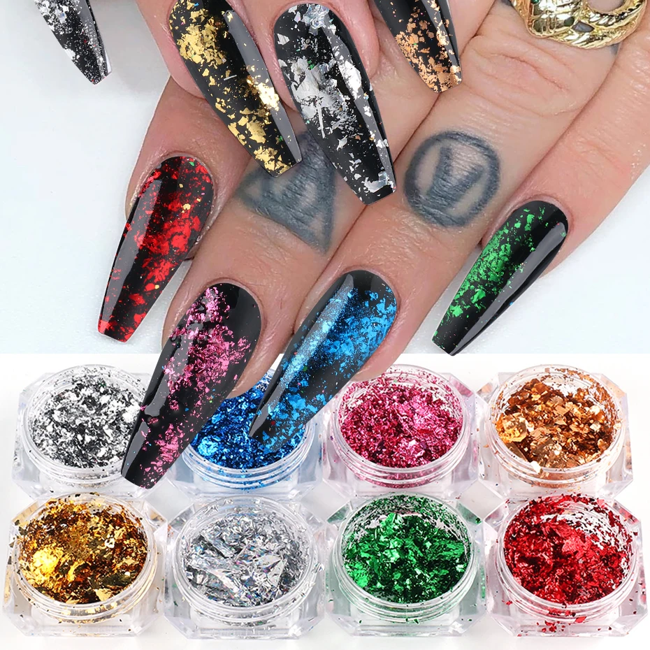 1pcs ฟอยล์ Holographic เล็บ Glitter ผงอลูมิเนียมทองเงินเลื่อมฟอยล์ Paillette Flake Strass Nail Art อุปกรณ์เสริม JICB01-08-1