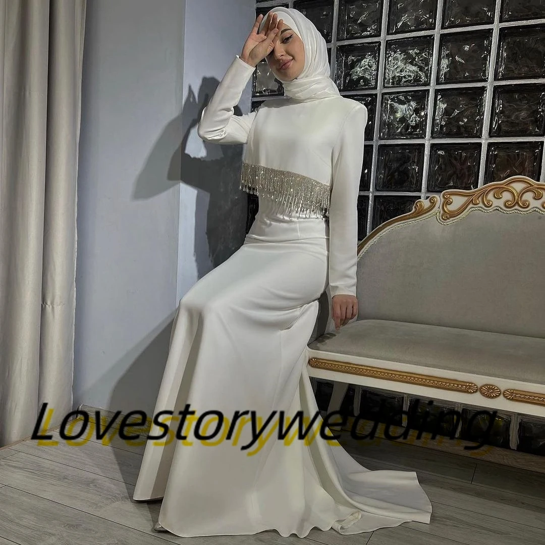 

Lovestory Dubai Women Wear Prom Dresses Long Sleeves Tassels Jackets Evening Party Dress Saudi Arabia Bride Gowns for Weddings