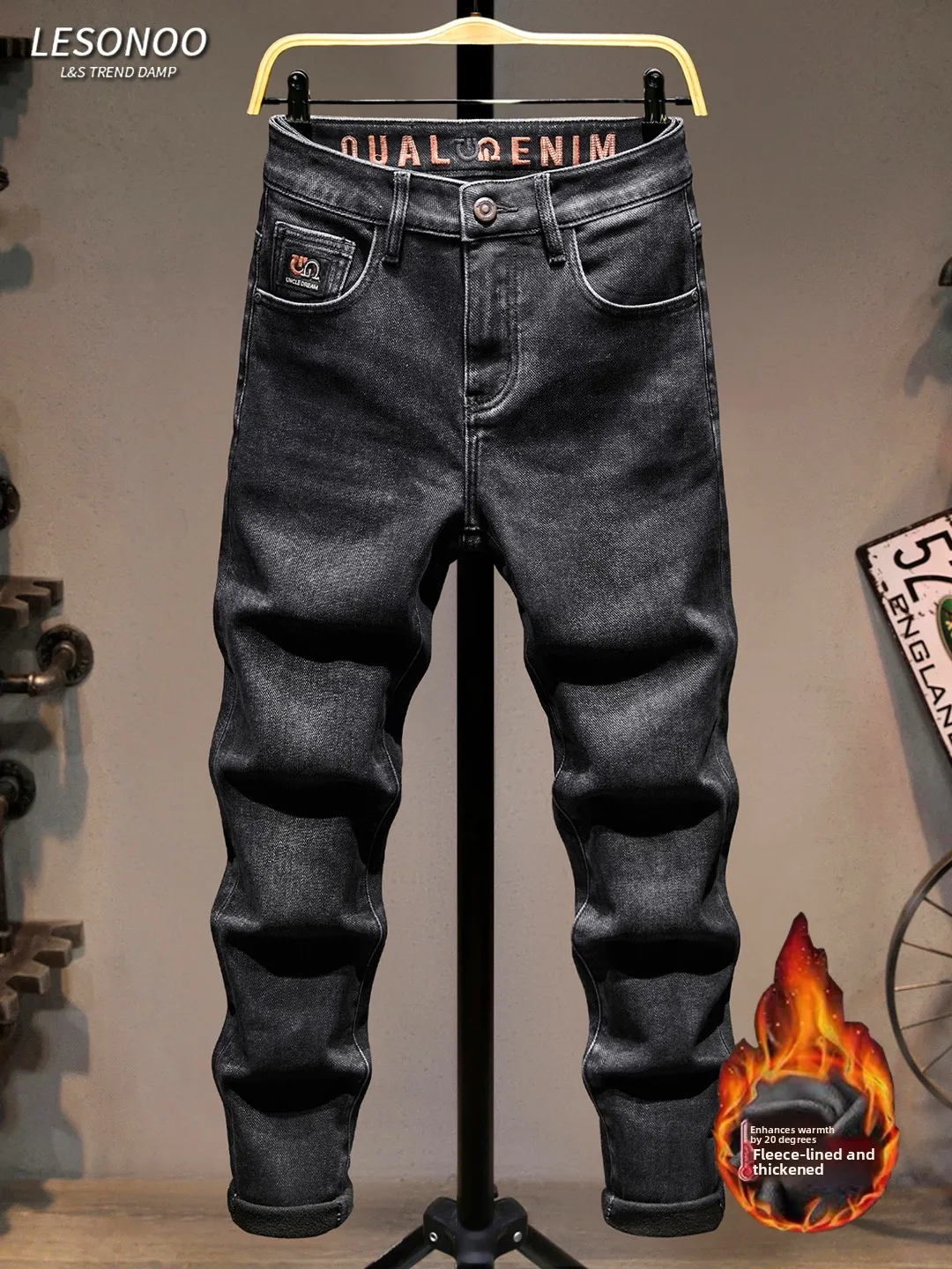 

Утепленные джинсы Slim Fit с флисовой подкладкой для мужчин, зимние теплые эластичные длинные брюки из смесового хлопка и полиэстера, устойчивые к...