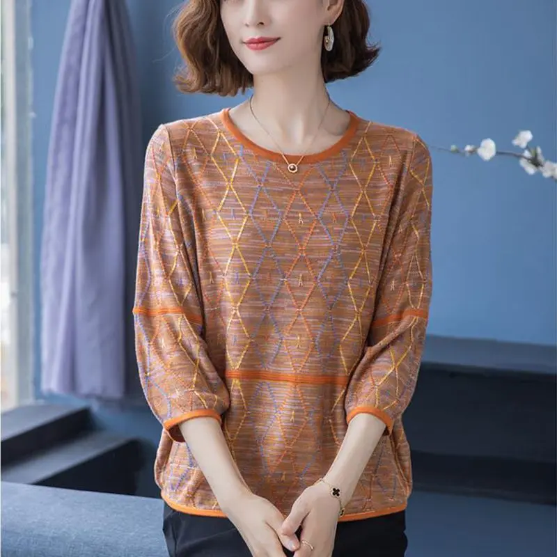 

2023 Spring and Summer New Korean Version Fashion Versatile Women's Clothing Printed Round Neck 3/4 Sleeve Commuter Pullover