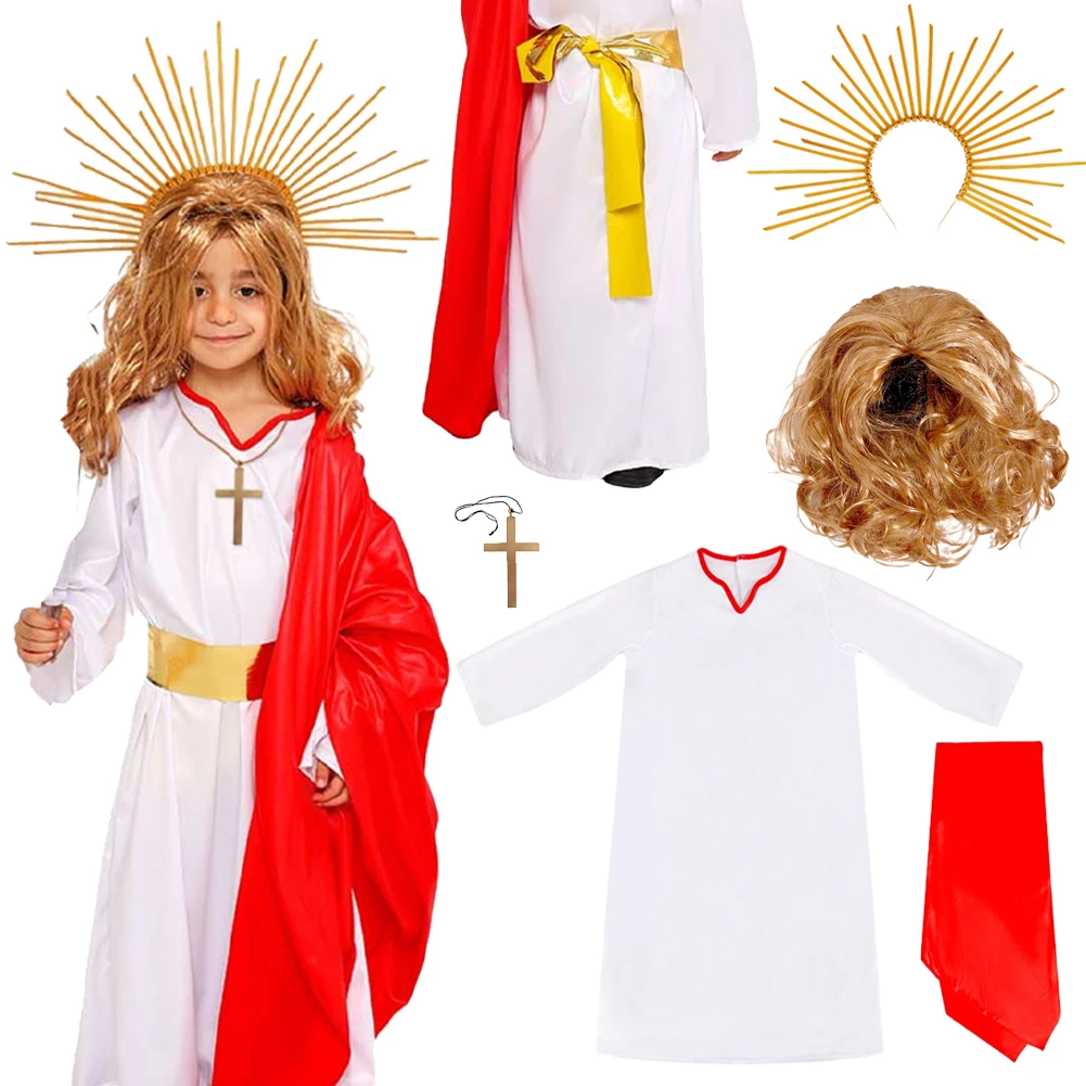 

Fantasia Jesus Cosplay Boys Angel Cloth Wigs Halo Cross Prop Stage Disfraz Costume Teen 6 to 14 Years Halloween Carnival Party