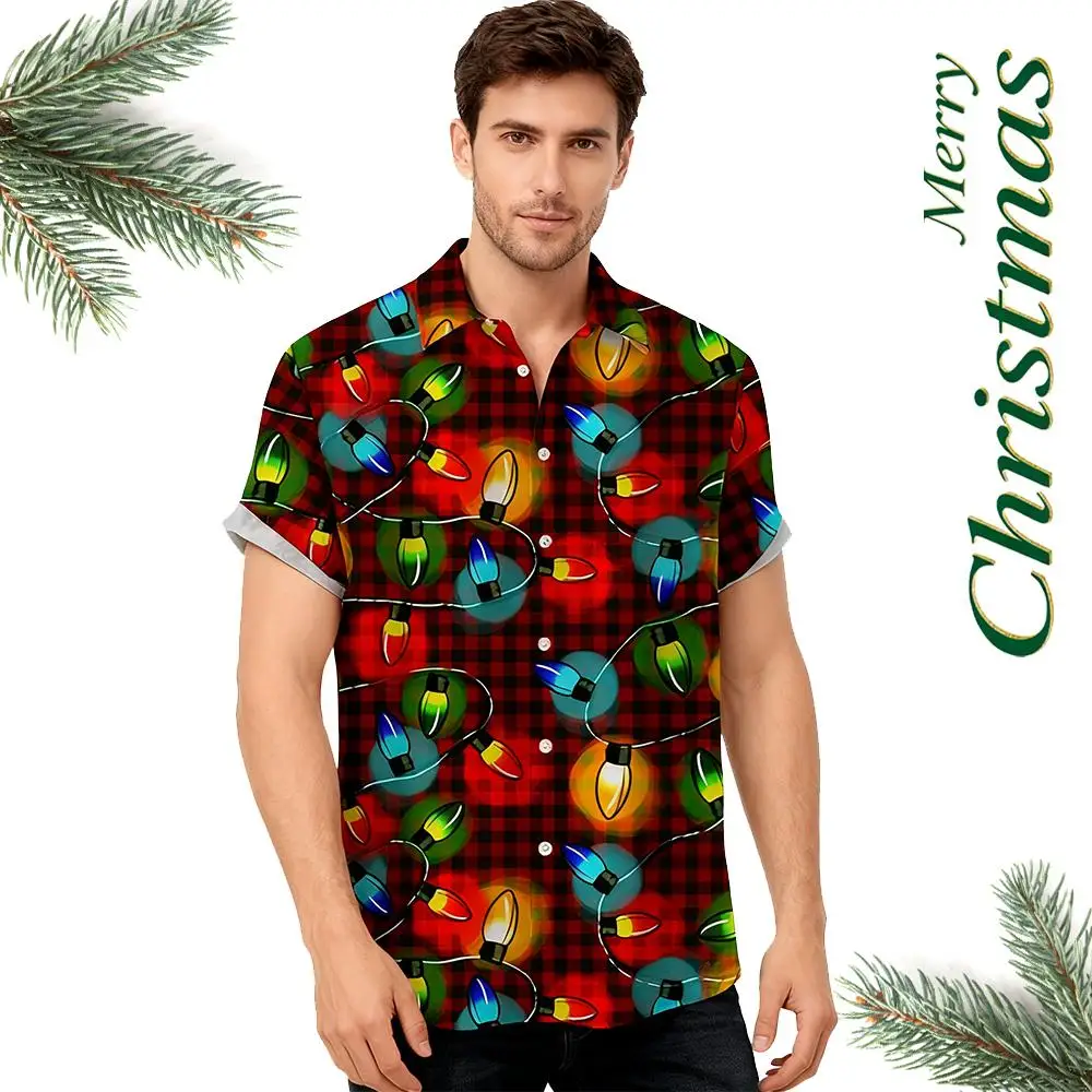 

Men's Christmas Party Casual Shirt Unisex Plaid Colorful Lights 3D Print Streetwear Fashion Short Sleeve Blouses Festival Gifts